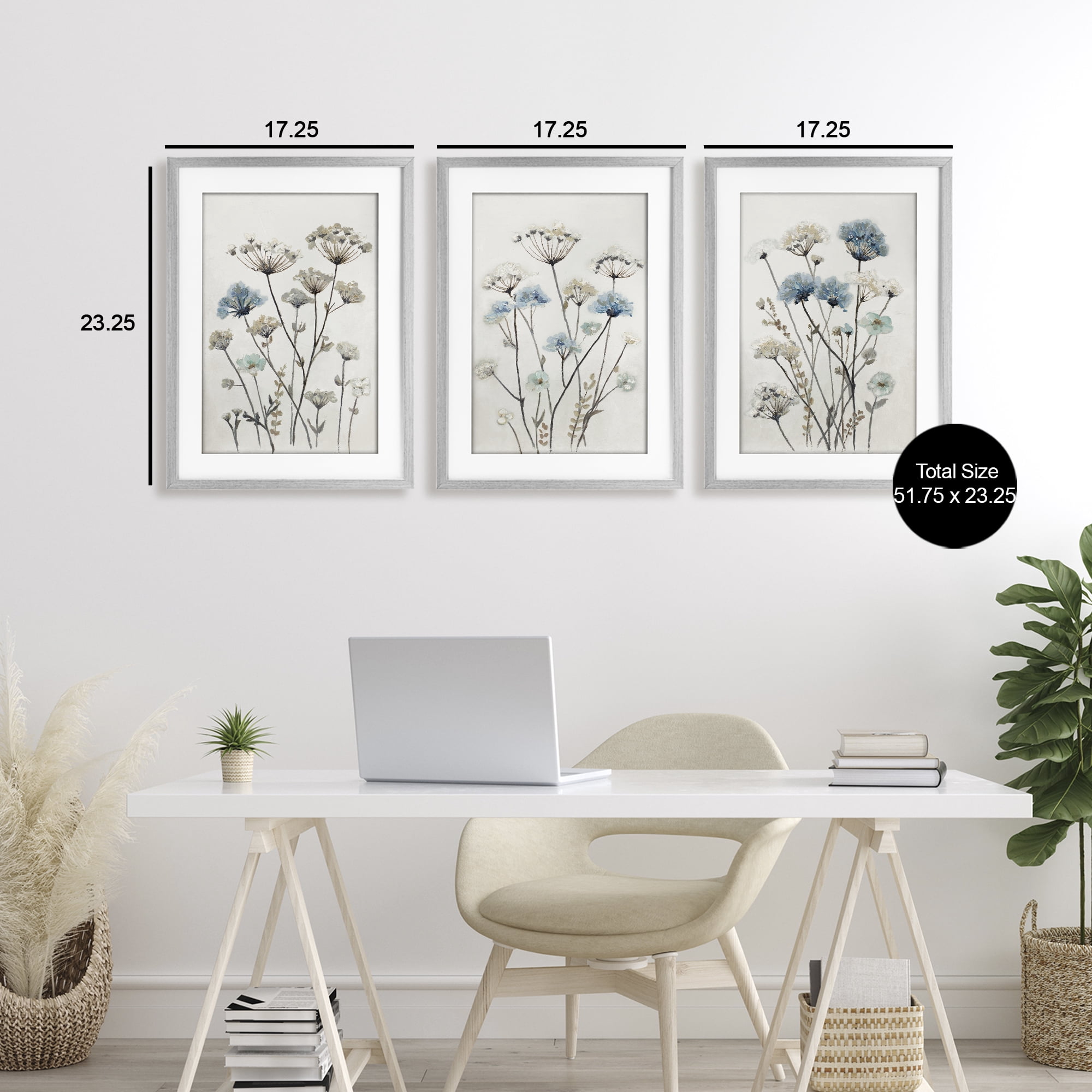 Stupell Industries Neutral & Blue Garden 3 Piece Gray Framed Print Under Glass Set, design by Patricia Pinto