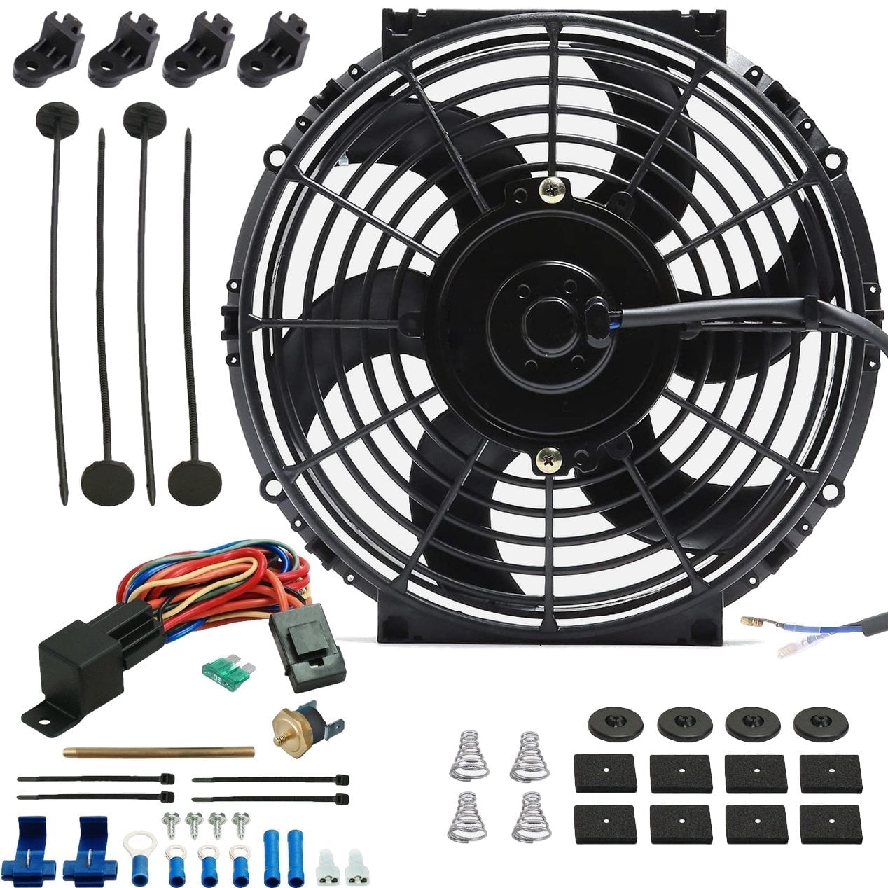 160F On - 145F Off American Volt Heavy Duty 11 Transmission Oil Cooler 9 Inch Electric Fan & Push-in Probe Thermostat Switch Kit 