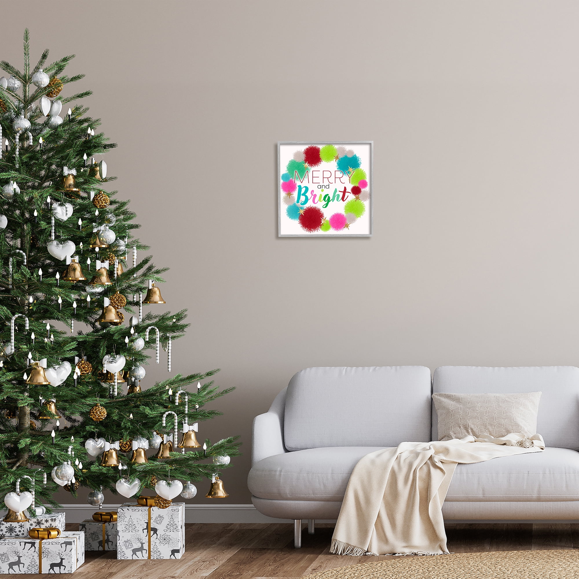 Stupell Industries Merry & Bright Fun Wreath Holiday Painting Gray Framed Art Print Wall Art
