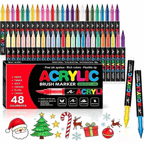 48 Color Acrylic Paint Markers Brush Tip, Panbear Vivid Colors with Direct-Liquid Ink Control System, Professional-Grade Paint Pen for Rock Painting, Canvas, Glass, Plastic, Fabric Creative Crafts
