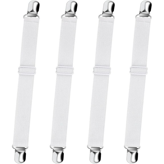 Bed Sheet Straps Adjustable Elastic Fitted Sheet Corner Holders Non-Slip Fastener Clips for Crib to King Size White 4-Pack