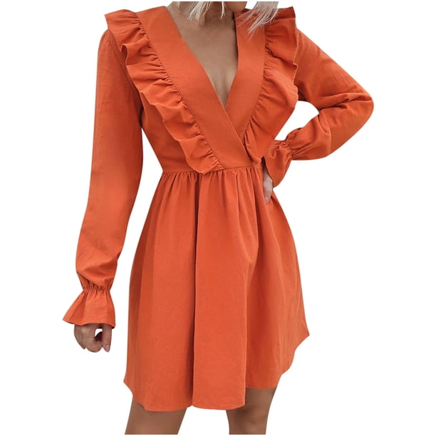 Moda mujer sexy casual sólido vestido con cuello en v manga larga mini vestido Fridja NMB4416