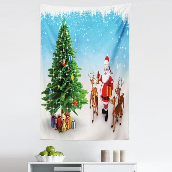 Santa Tapestry, Reindeer with Jingle Bells Gather Around Father Christmas Tree with Presents, Fabric Wall Hanging Decor for Bedroom Living Room Dorm, 5 Sizes, Multicolor, by Ambesonne