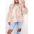 thumbnail image 1 of I AM A FASHION JUNKY Parchment Embroidered Bow Lantern Sleeve Oversized Pullover Sweatshirt (Parchment, S, 65%Polyester+35%Cotton), 1 of 8