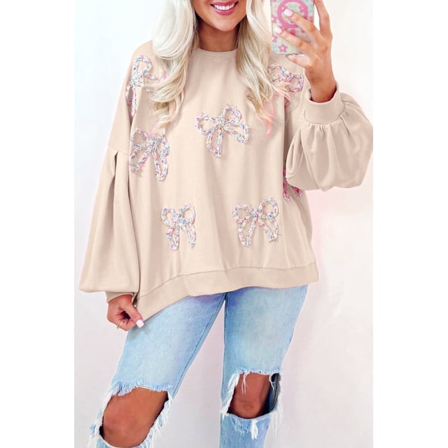 I AM A FASHION JUNKY Parchment Embroidered Bow Lantern Sleeve Oversized Pullover Sweatshirt (Parchment, S, 65%Polyester+35%Cotton)