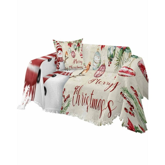 Red Snowman Christmas Sofa Couch Covers for Dogs, Washable Sectional Couch Slipcovers for Loveseat with Tassels, Xmas Botanical Balls Snowflake Retro Non Slip Sofa Throw Cover Blanket L 71''x102''
