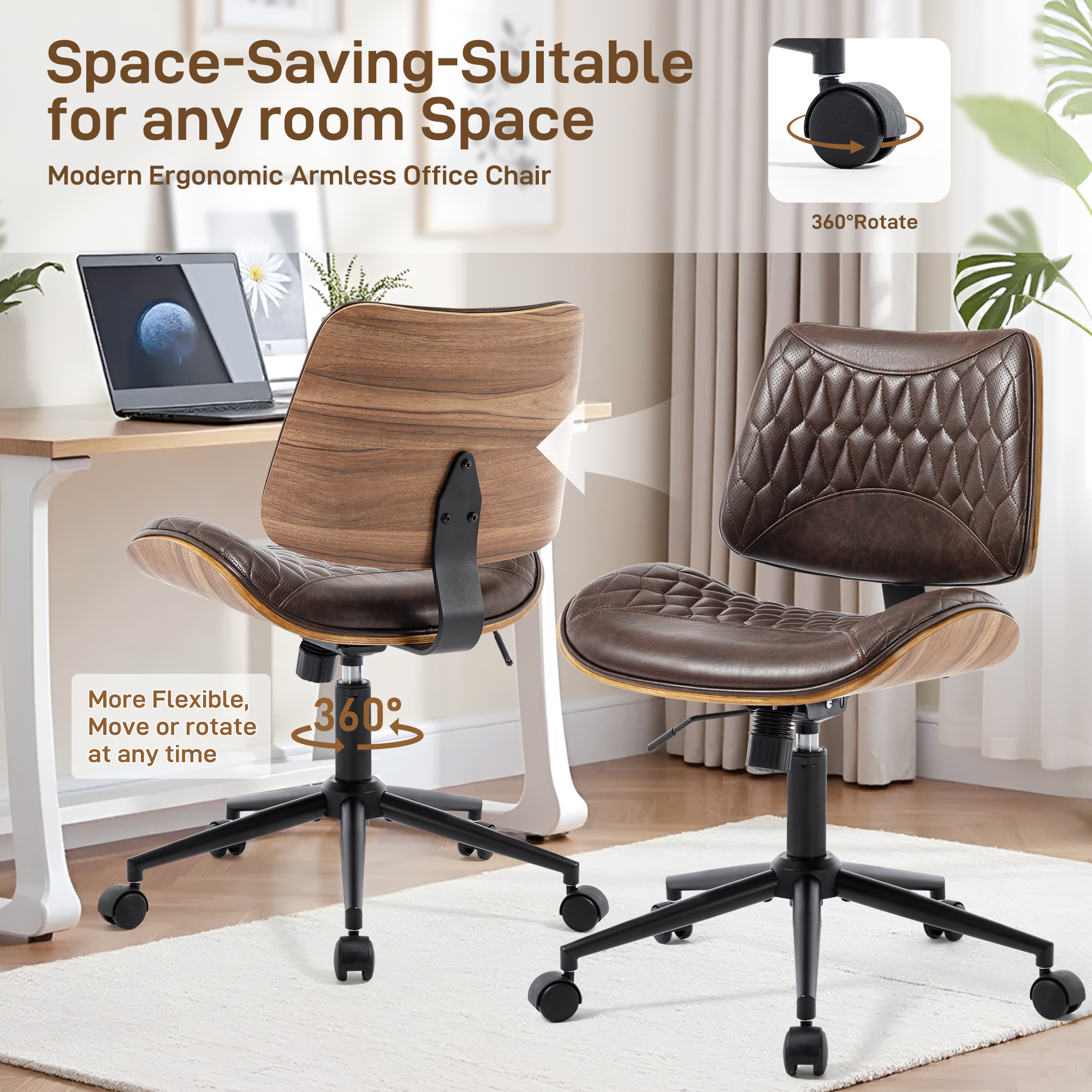 Home Office Desk Chair with Wheels, Armless Breathable PU Leather Office Chair, Swivel Ergonomic Computer Chair for Compact Space, Height-Adjustable Modern Walnut Chair with Rocking Function