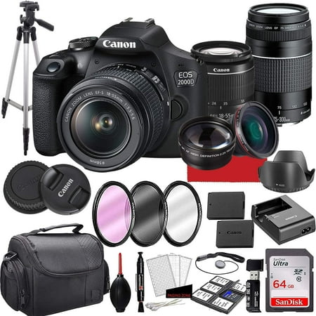 Canon EOS 2000D (Rebel T7) DSLR Camera with 18-55mm & 75-300mm III Zoom Lens Bundle + 64GB Memory  Case  Tripod and More