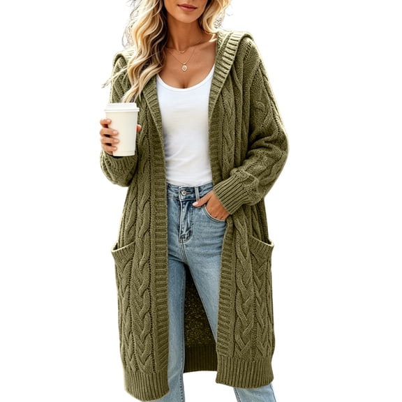 Bexdxz Women's Hooded Cable Knit Long Cardigan, Chunky Knit Sweater Coat with Side Pockets, Solid Color Fall Winter Outerwear Green L