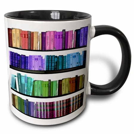 - 3dRose Colorful bookshelf books - Rainbow bookshelves - reading book geek library nerd - librarian author, Two Tone Black Mug, 11oz