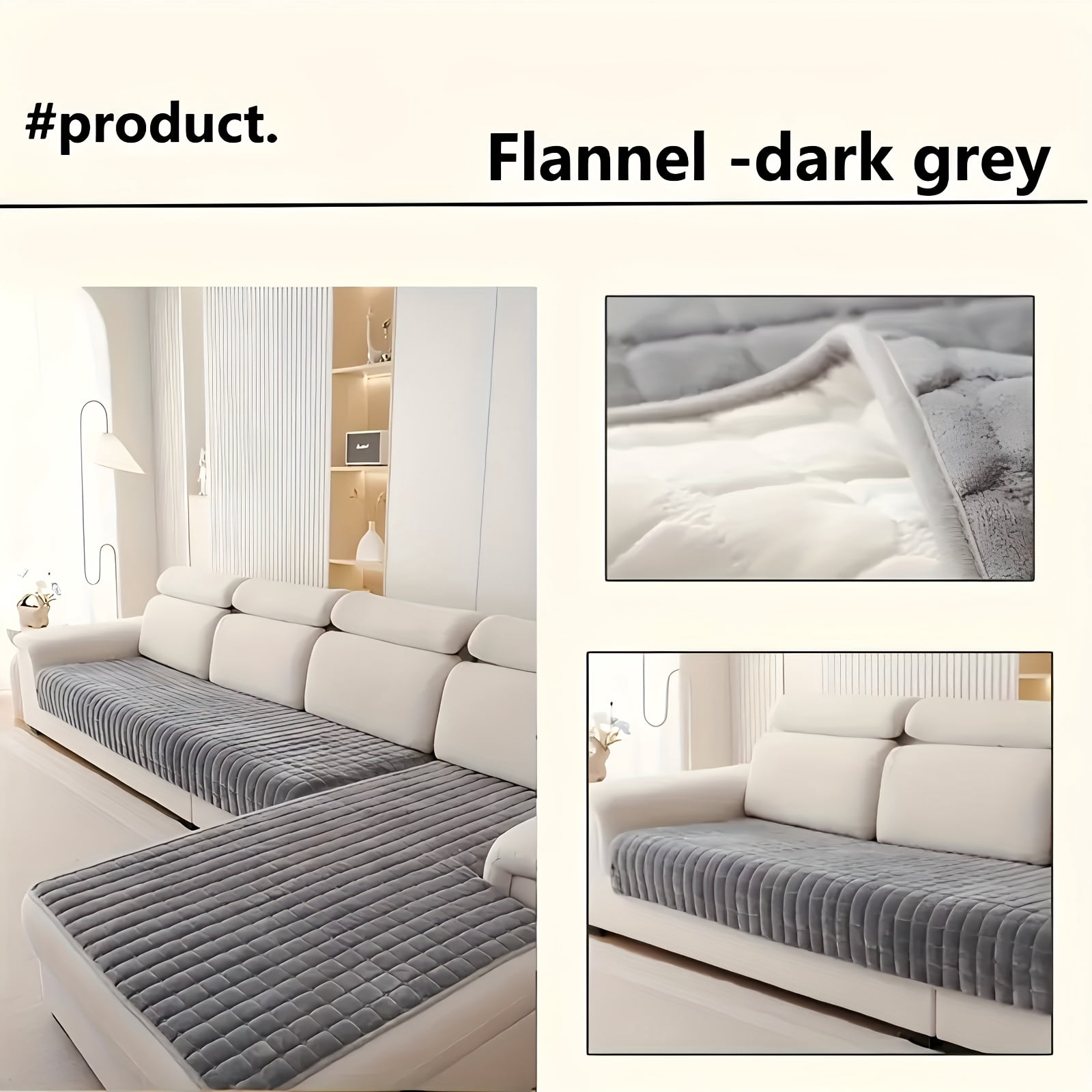 2PCS Quilted Flannel Velvet Sofa Cover, 35"x63"+35"x82" Size, Non Slip Fuzzy Pet Couch Covers for 3 / 4 Cushion Sofa Slipcovers Cushion Protector - Khaki