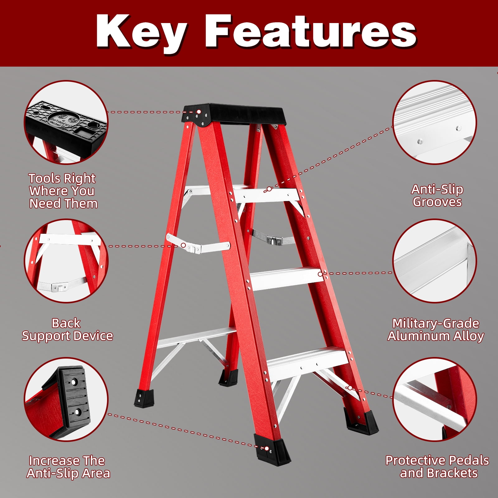 Fiberglass Single-Sided Stepladder, Non-Conductive Insulation Ladder for Electrical Engineering & Construction, 330 LBS Load Capacity, Anti-Slip Rubber Feet Stable Climbing Ladder