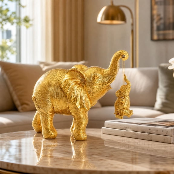 Gold Elephant Statue with Swinging Baby, Resin Animal Figurine Good Luck Health Decor, for Living Room Shelf Table Centerpiece Office Home Accent