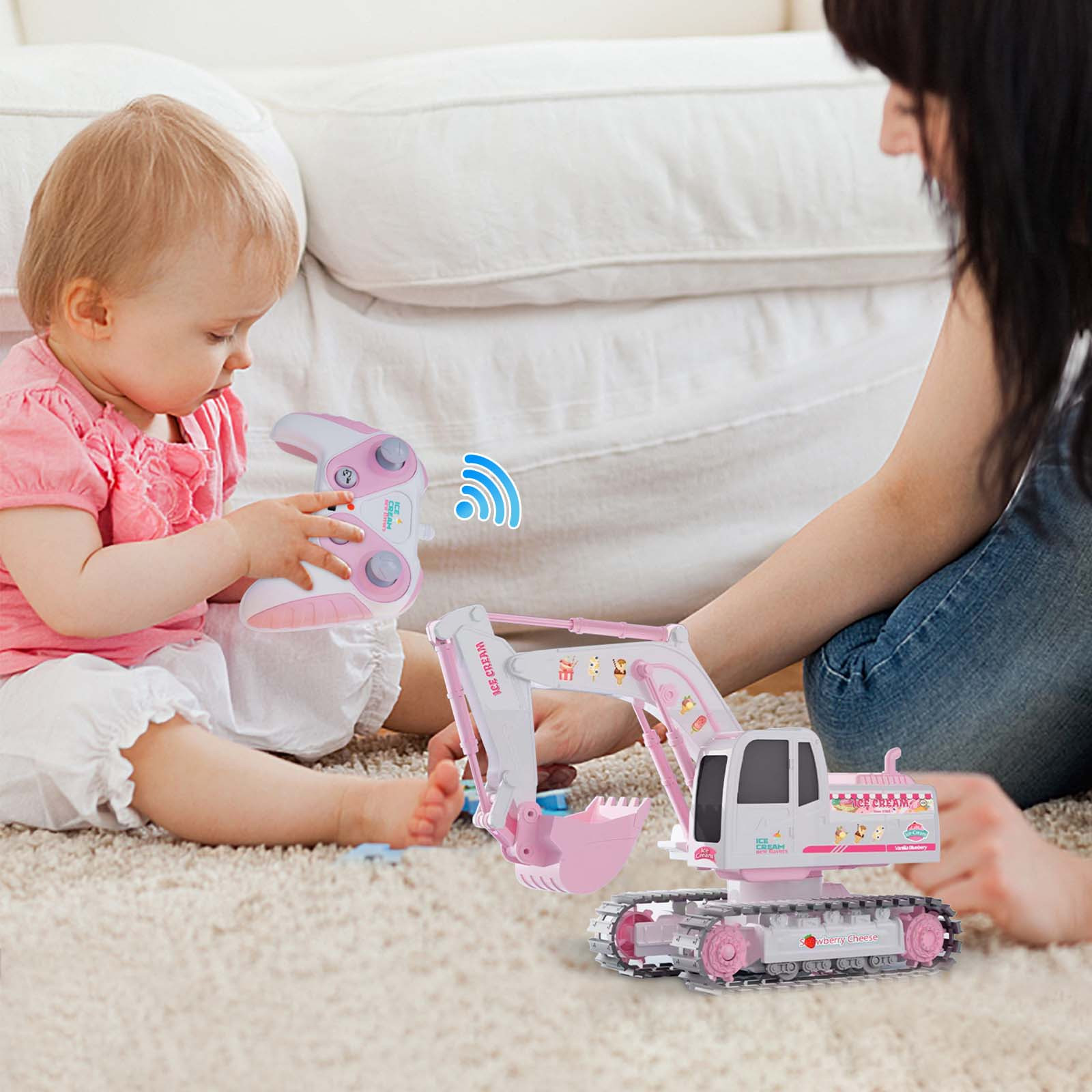 FACESOW RC Car, Pink Rc Car, Alloy Excavator Crawler Rc Cars Pink 6 Channel with Lights Two Batteries Long Range Construction Toys,auto Demo Alloy Digging Bucket Controlled Rc Car