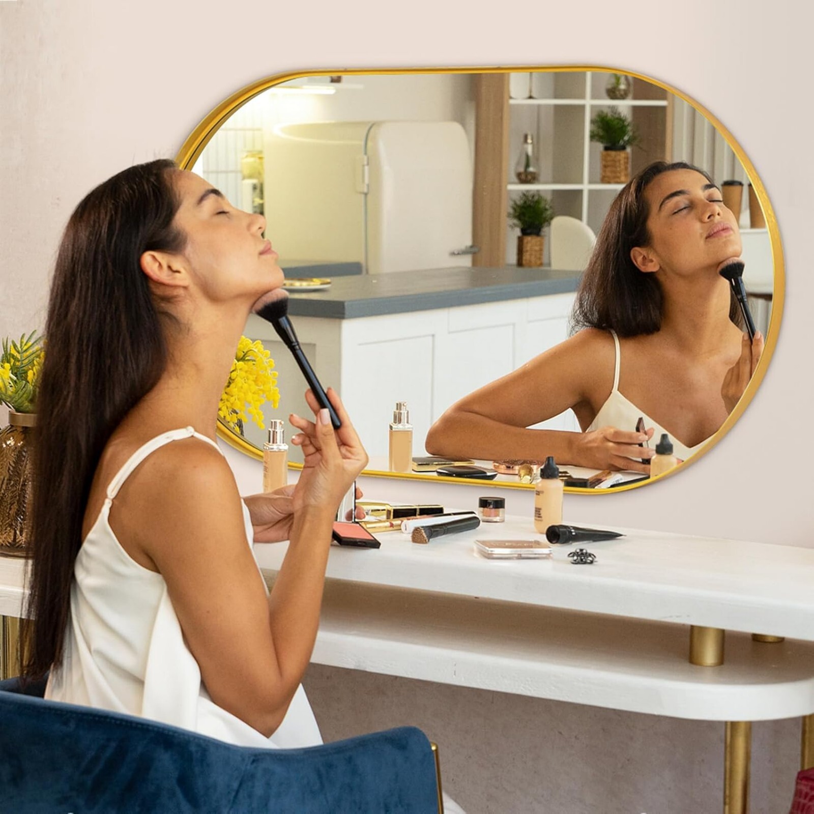 BEAUTYPEAK 22"x38" Oval Bathroom Wall Mirror with Deep Frame,Gold