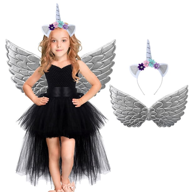 Vestido de princesa de cola larga para niños, tutú de malla, disfraz de cabestrillo de encaje negro para niñas, Halloween, Nairobi Orn, fiesta de cumpleaños, cosplay de ángel zhangyuxiang unisex