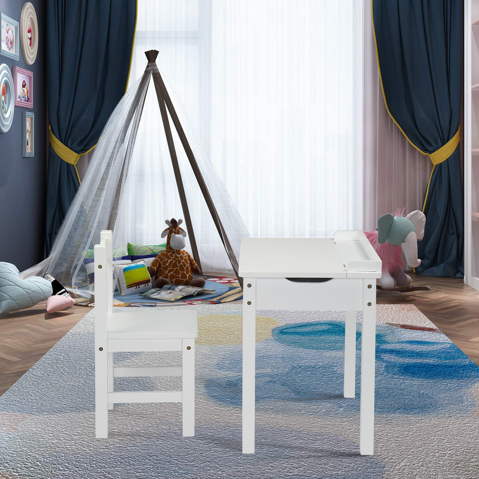 Flip Top Kids Table and Chair Set, White P2-Grade MDF Activity Desk with Storage Compartment, Ergonomic Study Play Set for Bedroom Playroom Age 3+