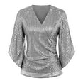 thumbnail image 2 of Women Shirts Womens Sequin Tops 3/4 Sleeve Glitter Sparkly Party Blouse V Neck Dressy Tops For Evening Party,Gray Women Shirts L, 2 of 4