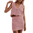 thumbnail image 2 of Womens Crochet Swim Cover Up 2 Piece V Neck Sleeveless Front Tie Crop Tops Beach Mini Skirt Coverup Set Pink S, 2 of 7