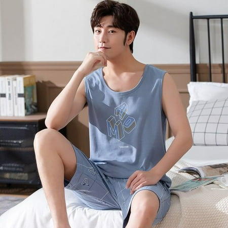 

DanceeMangoo Summer Mens Fashion Leisure Pijamas Set Cotton Sleeveless Short Pant Homesuit Mens Casual Pajamas Loose Cartoon Print Outwear