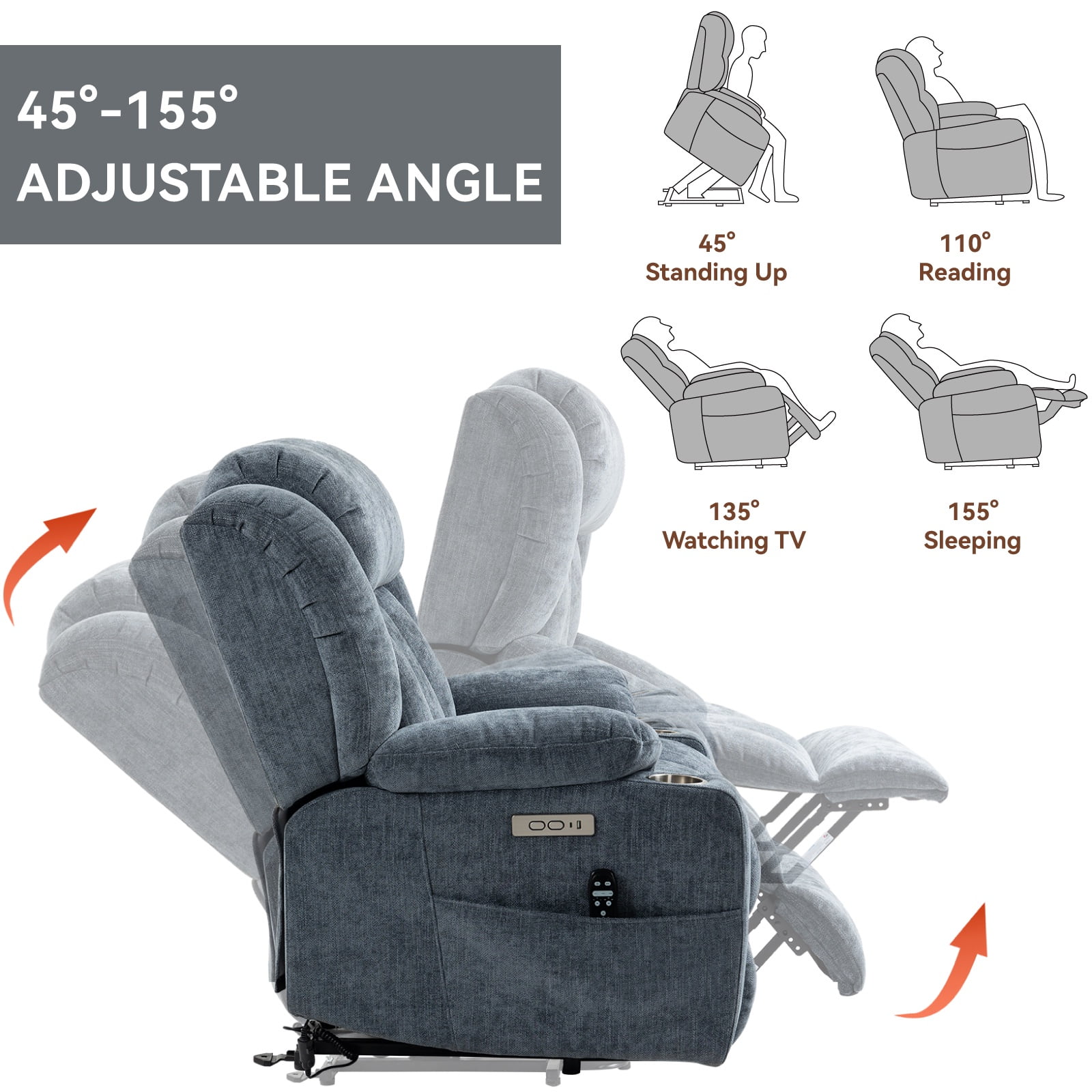 Power Lift Recliner Chair for Elderly with Massage & Heat, Heavy Duty 350 lbs Capacity,Electric Reclining Chair with USB Ports, Cup Holders, Pillow Top Arms, Medium-Firm Blue Chenille