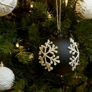 Holiday Time Black and White Snowflake Glass Ball Christmas Ornament, 3.54"