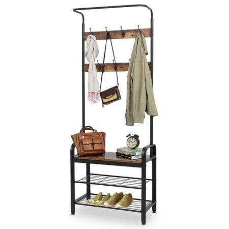 Coat Shoe Rack, KingSo Hall Tree Entryway Coat Shoe Rack 3-Tier Shoes Rack Shelves 7 Hooks, Wood Look Accent Furniture with Stable Metal Frame Easy Assembly,72''
