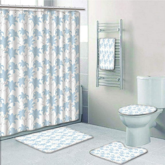 PRTAU Floral Adoration Love Expressing Ornate Plants Retro Romantic Soft Color Summer Flower 5 Piece Bathroom Set Shower Curtain Bath Towel Bath Rug Contour Mat and Toilet Lid Cover