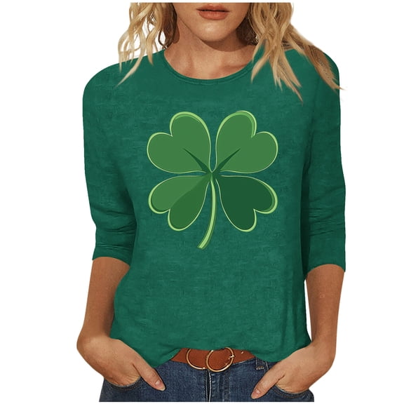 Womens St Patricks Day Tops Four Leaf Clover T-Shirts 3/4 Sleeve Round Neck Tees Casual Loose Fit Blouse St Pattys Shirts