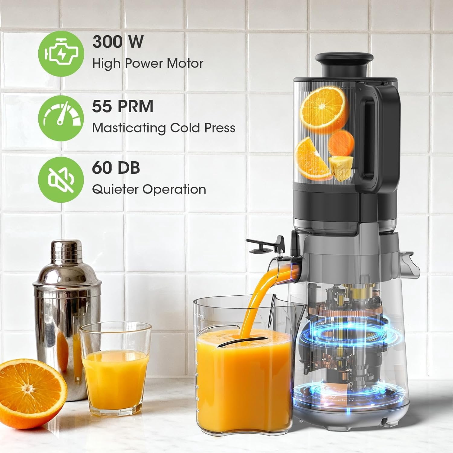 Juicer Machines, 5.3" Wide Feed Chute Cold Press Juicer for Whole Vegetables & Fruits, High Juice Yield,  (Slivery)