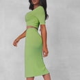 thumbnail image 4 of KIHOUT Women 2 Piece Summer Ribbed Outfit Square Neck Short Sleeve Cropped Top High Waist Slit Midi Bodycon Skirt Casual Matching Set For Club Party Dating, 4 of 8