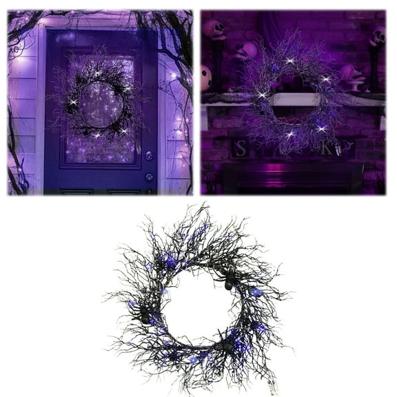 Halloween Wreath with LED Lights - 18 Inch Black Spider Web Wreath - Battery Operated Purple Glow for Outdoor/Indoor Halloween Decorations