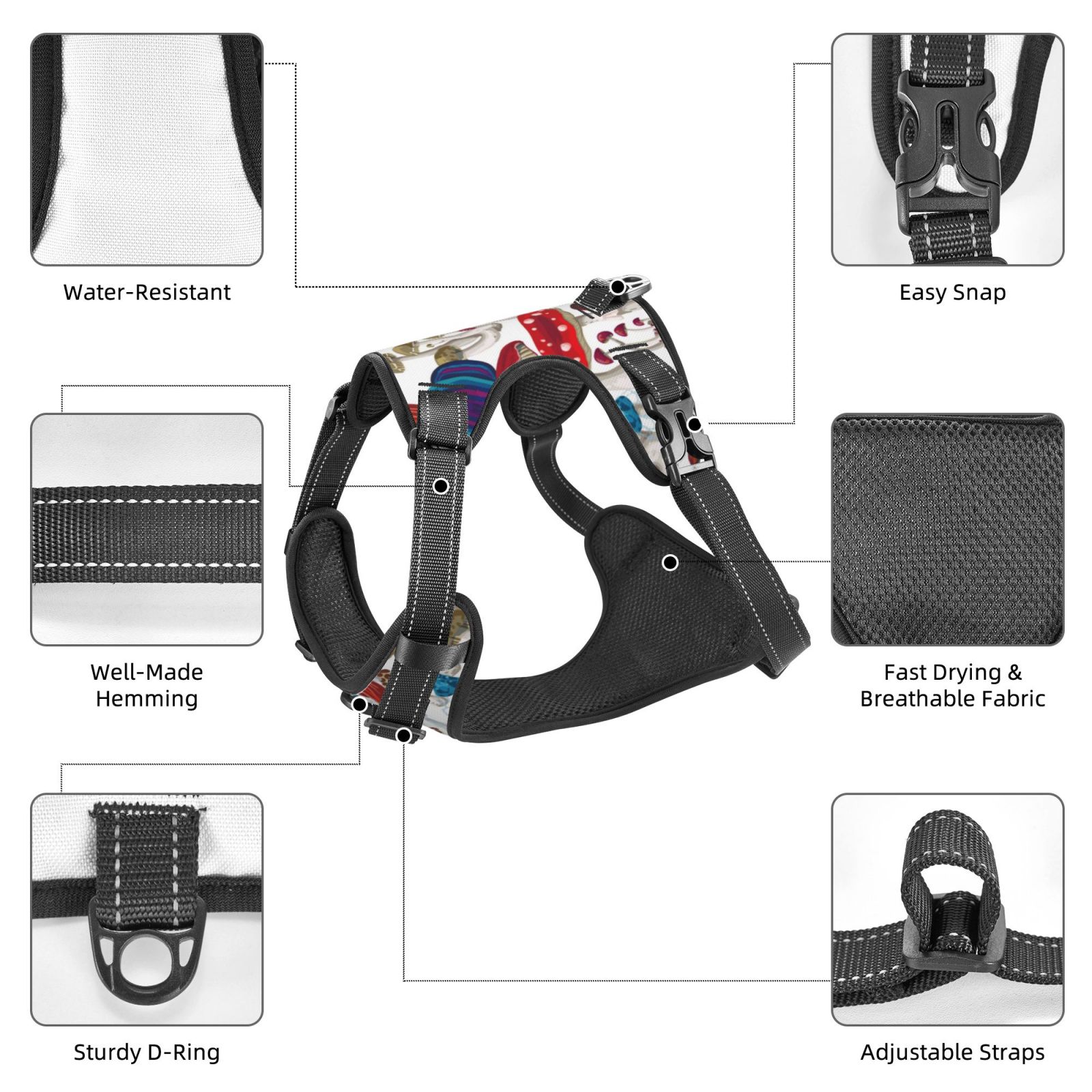 Naloa Colorful Mushrooms (2) Pet Harness Vest with Traction Rope, Adjustable No-Choke Dog Vest for Outdoor, Walking - Small