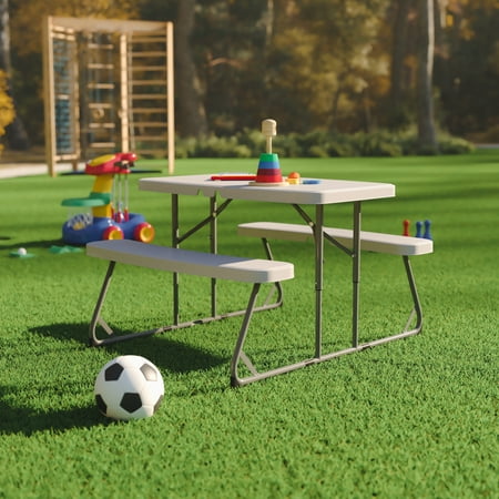 BizChair Easy-Fold Grey Folding Plastic Kids Outdoor Picnic Table and Benches - Commercial Grade - Seating for 4 Kids