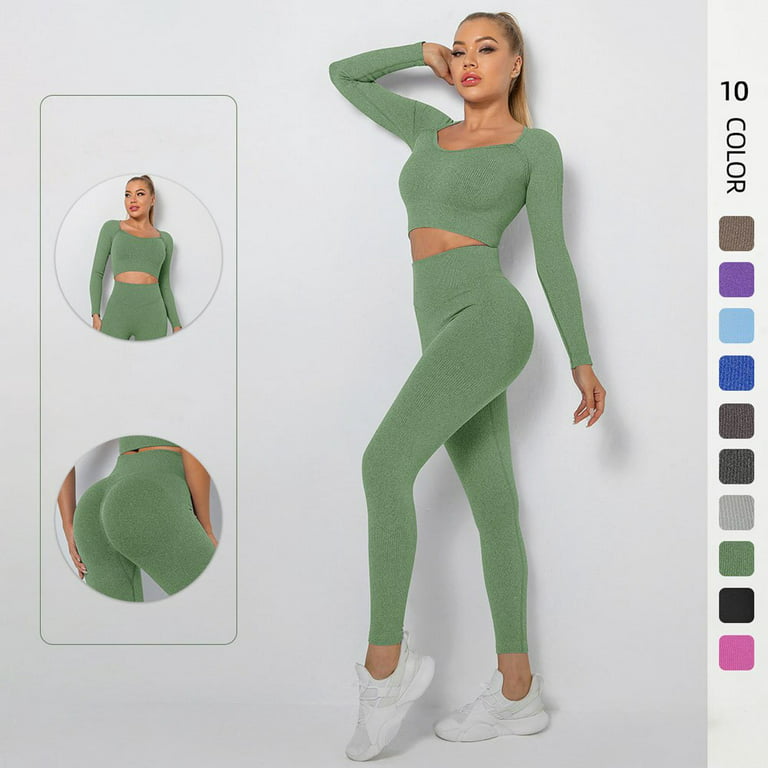 Two Piece Yoga Gym Set Women Tracksuit Sportswear Zipper Top Suit For  Fitness Workout Clothes For Women Sport Outfit Khaki