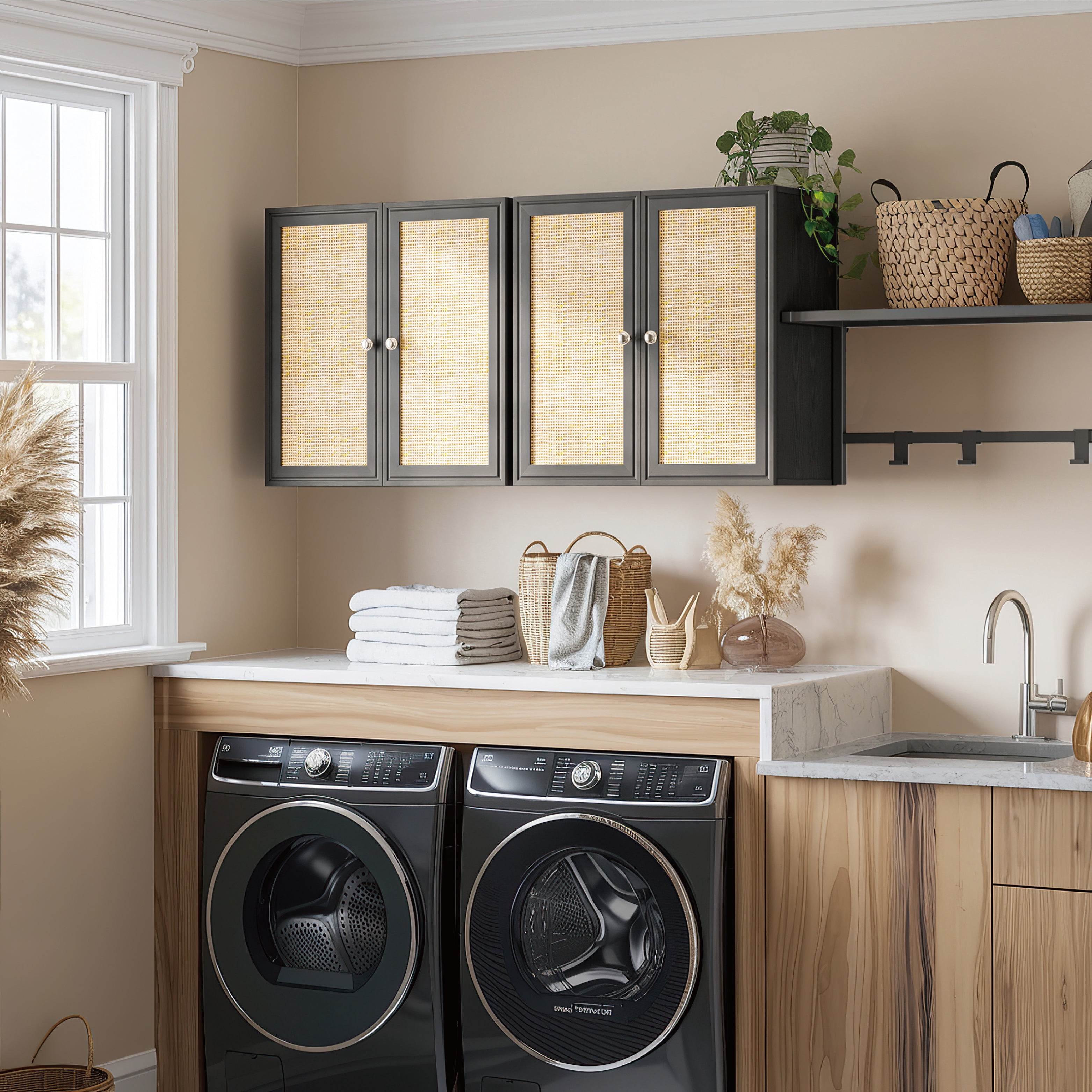 24"W Rattan Laundry Room Cabinets with Lights, Bathroom Cabinets Wall Mounted with Adjustable Shelves, Wall Cabinet for Bathroom/Kitchen/Bedroom (2PCS, Black)