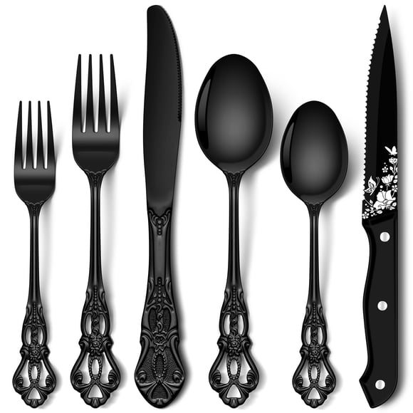 Stapava 48 Pcs Black Silverware Set with Steak Knives, Gorgeous Retro Royal Silverware Set for 8, Stainless Steel Mirror Flatware Cutlery Set, Include Forks Spoons a