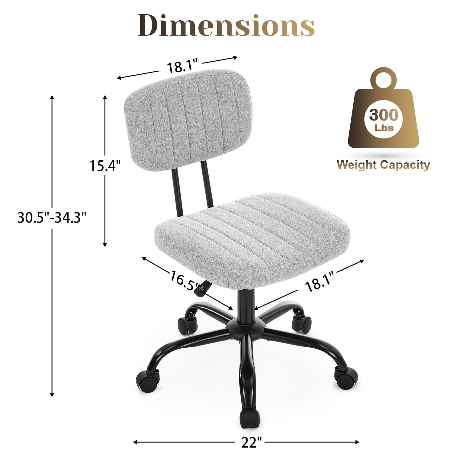 Armless Home Office Desk Chair w/ Ergonomic Low Back Lumbar Support, Height Adjustable 360° Swivel Task Chair for Small Space, Living Room, Linen Gray