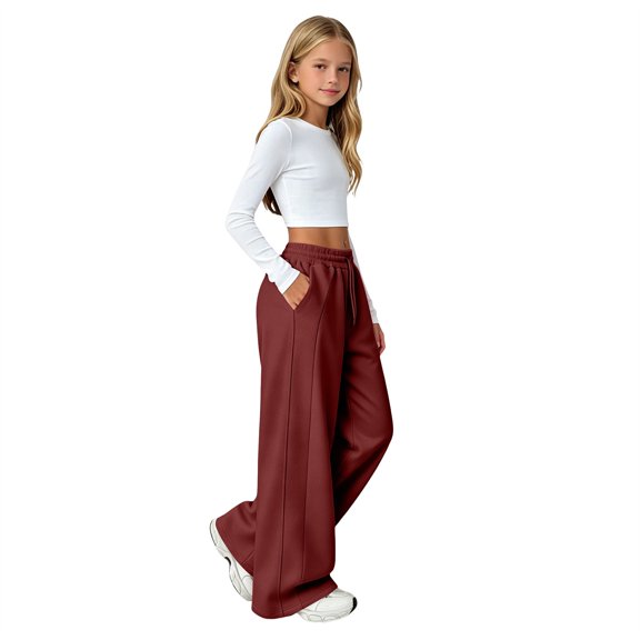 UACY Girls Sweatpants Wide Leg Drawstring Baggy Kids Pants Open Bottom Casual Loose Teen Joggers with Pockets (Wine, 13-14 Years)