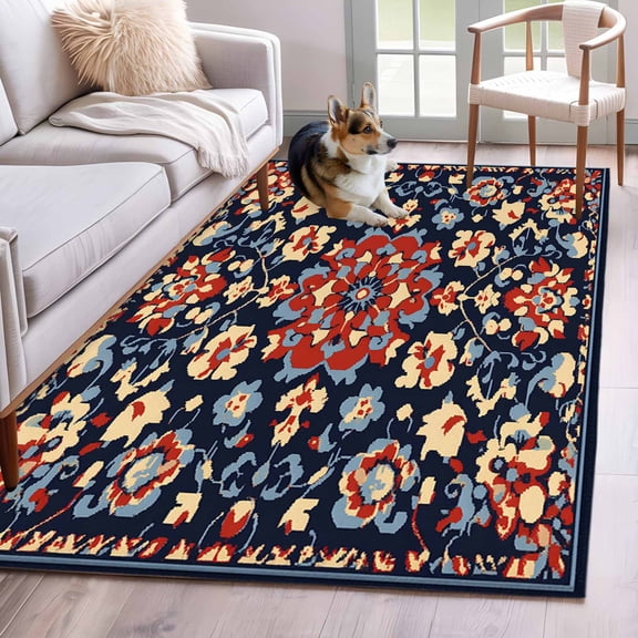 Red Blue Geometric Area Rug 3x5 Washable Rug Non Slip Ethnic Vintage Southwest Floral Large Area Rug Indoor Floor Carpet for Entryway Bedroom Kitchen Living Room Home Office Dining Room Nursery