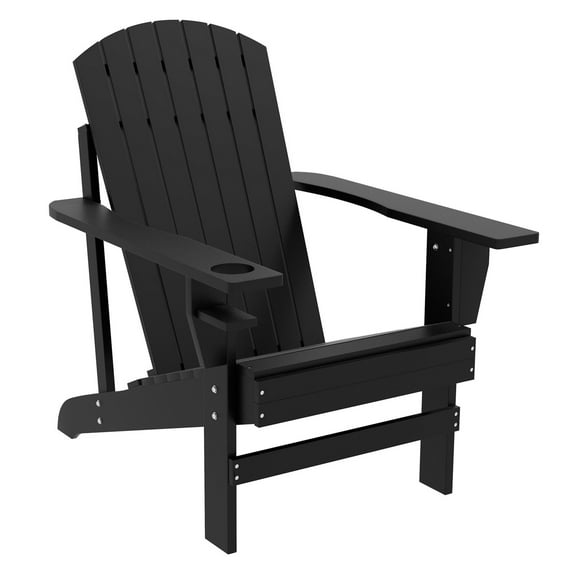 Wooden Adirondack Chair with Cup Holder - Outdoor Patio Lawn Furniture, Weather Resistant, Classic Lounge for Deck, Garden, Backyard - Black