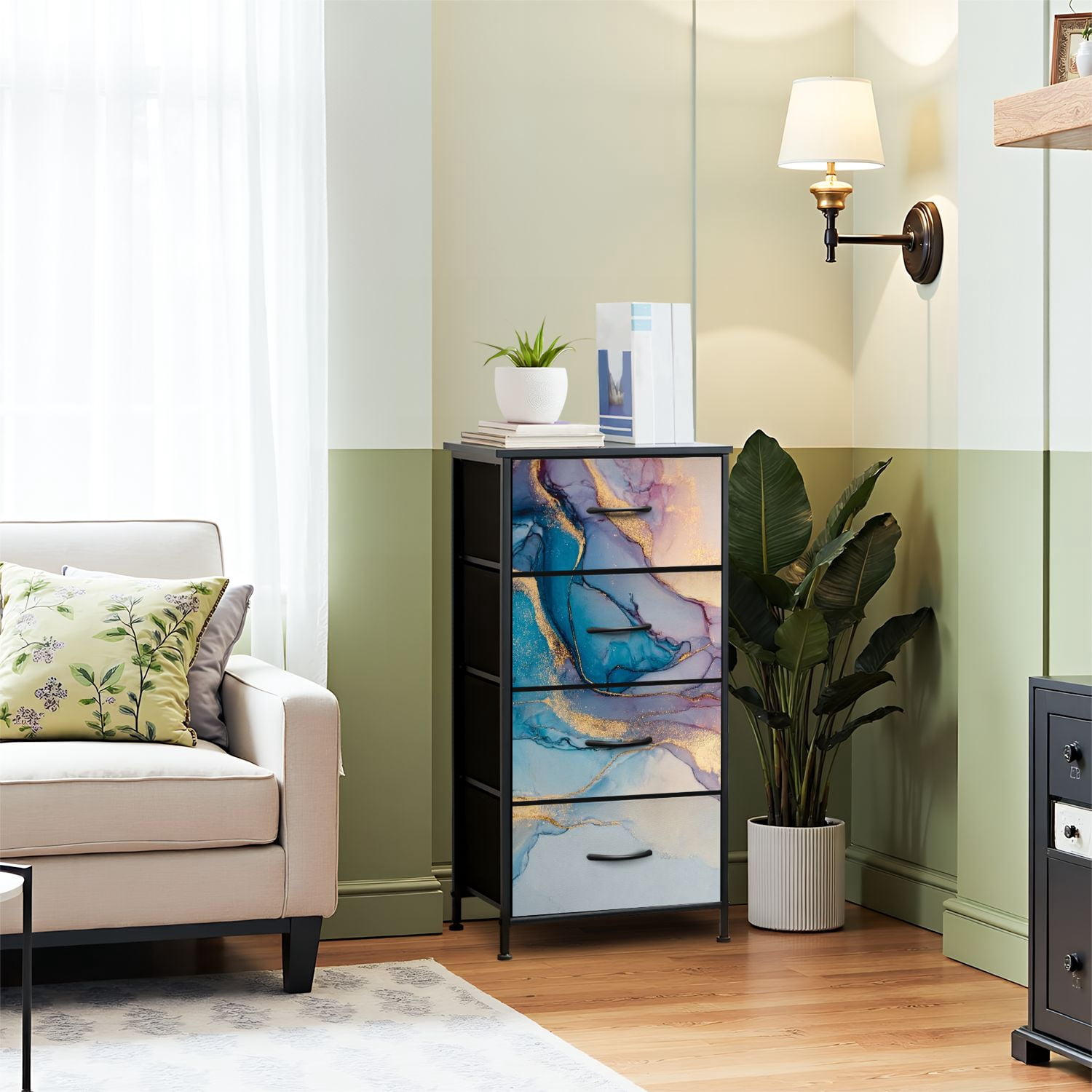 Boho Dresser for Bedroom with 4 Storage Drawers Luxury abstract fluid art painting alcohol ink technique mixture blue Dressers Chest of Drawers Steel Framed Fabric Closet Organizers for Entryway