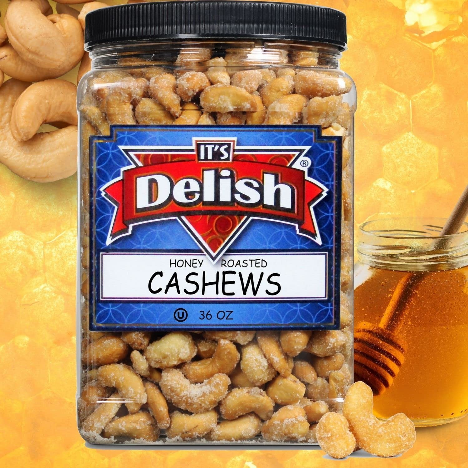 Honey Roasted Cashews by It's Delish, 36 Oz Reusable Jumbo Container  Gourmet Cashew Nuts in Honey Sugar Coating, Sweet & Heart Healthy Salted Nut, Kids Snack - Non-Dairy, Kosher Parve