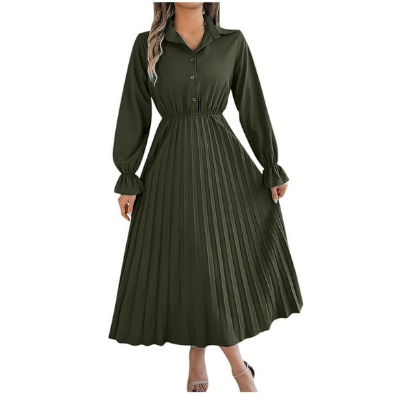 LYEAA Elegant Dresses for Women Wedding Guest Long Sleeve Long Dress Wrap Flowy Homecoming Dress Solid Color Dress Fashion Holiday Party Dress Pleated Ball Gown Green M