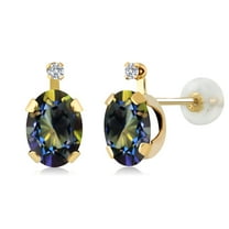 Gem Stone King 1.91 Ct Oval Blue Mystic Topaz G/H Lab Grown Diamond 14K Yellow Gold Earrings