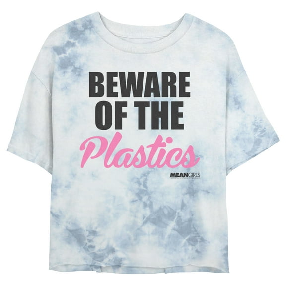 Junior's Mean Girls Beware of the Plastics Quote Graphic Crop T-Shirt White/Blue Large