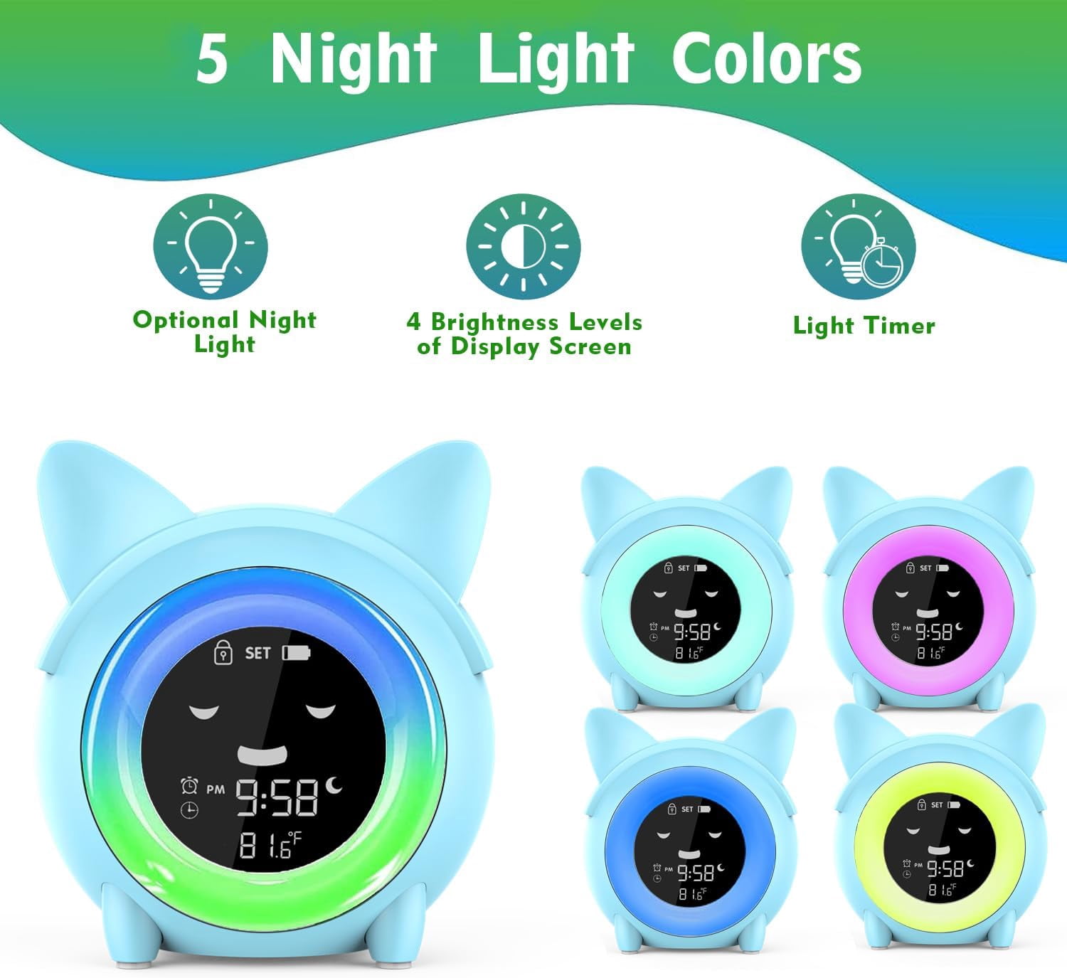 Kids Alarm Clock, Sleep Training with Toddler Night Light, Sleep Sounds Machine, Nap Timer, Temperature Detect, Cute Bedside Clock Kids Room Decor, Birthday