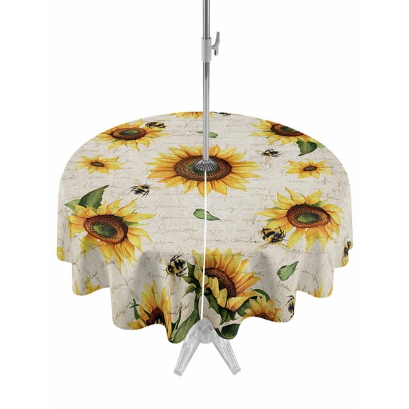 Outdoor Table Cloth with Umbrella Hole and Zipper, Yellow Sunflowers Waterproof Round Tablecloth 54 Inch, Summer Farmhouse Retro Beige Washable Table Cover for Outside Party Patio Picnic