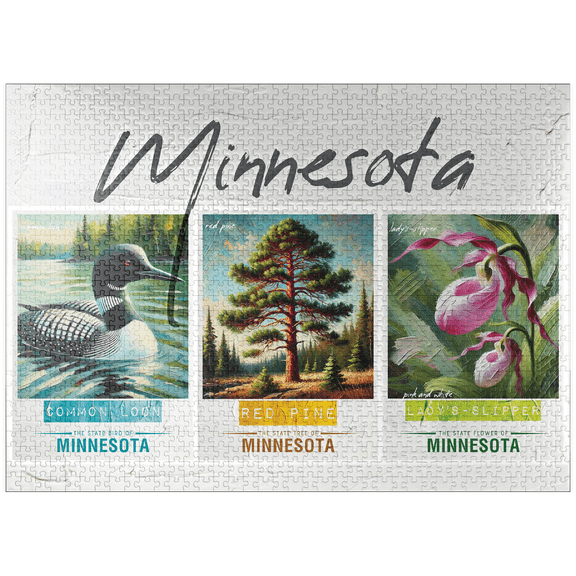 MyPuzzle - Minnesota: Bird, Tree, Flower- State Symbols Collage Series - Premium 1000 Piece Jigsaw Puzzle for Adults