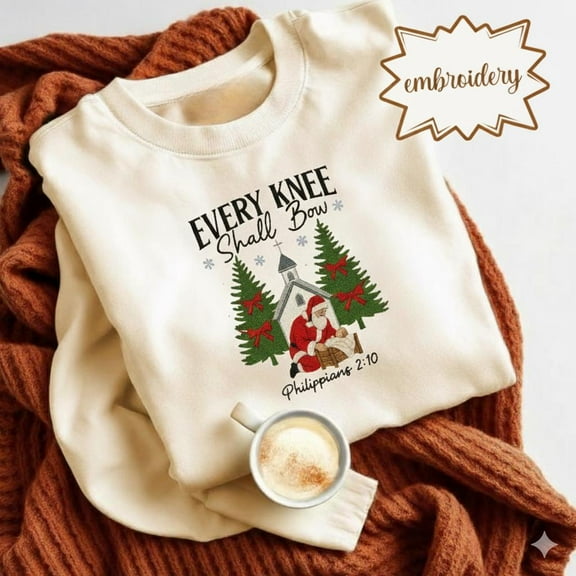 Every Knee Shall Bow Embroidered Shirt, Nativity Scene Embroidery Tee, Religious Christmas Embroidered Top, Christian Holiday Embroidery